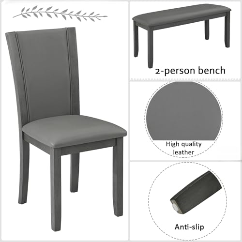 Dining Table Set for 6, Farmhouse 6 Piece Dining Room Table Set with Rectangular Table, 4 Upholstered Backrest Chairs and Bench, Counter Height Kitchen Sets with Warm Woodgrain Finish, Gray