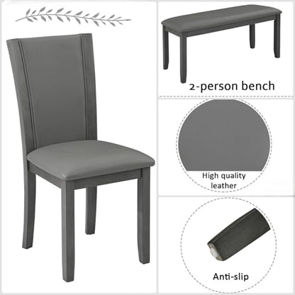 Dining Table Set for 6, Farmhouse 6 Piece Dining Room Table Set with Rectangular Table, 4 Upholstered Backrest Chairs and Bench, Counter Height Kitchen Sets with Warm Woodgrain Finish, Gray