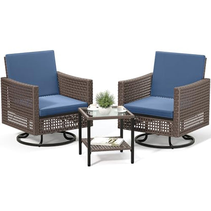 3 Pieces Patio Set w/2.8" Thick Cushions, All Weather Swivel Patio Furniture Set w/Wicker Rocking Chairs & Rattan Side Table for Backyard Deck Poolside, Blue
