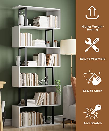 6 Tier Geometric Bookcase,S Shaped Bookshelf, Wood Decorative Storage Shelving, Modern Freestanding Display Shelves, Tall Book Shelf Unit for Living Room Bedroom, White