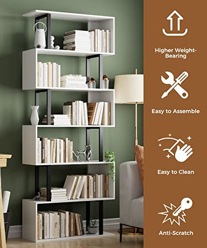 6 Tier Geometric Bookcase,S Shaped Bookshelf, Wood Decorative Storage Shelving, Modern Freestanding Display Shelves, Tall Book Shelf Unit for Living Room Bedroom, White