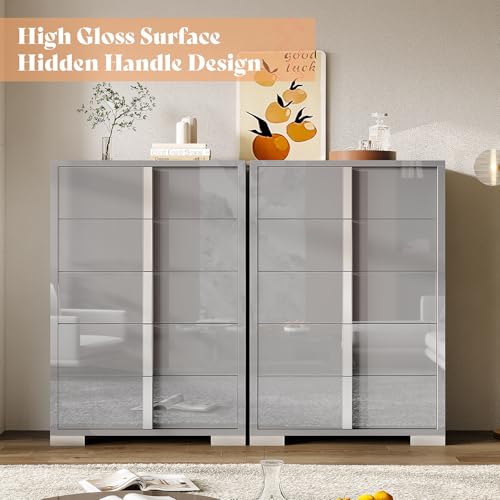 5 Drawer Dresser with Glossy Finish, Modern Storage Chest, Grey, view 6