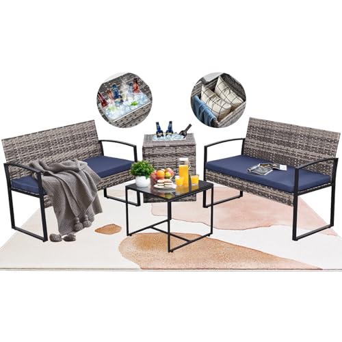 4 Piece Patio Furniture Set w/Built-in Cooler Storage Box, Grey/Blue | All-Weather Hand-Woven Rattan | Tempered Glass Table | Beverage Cooler | Comfy Loveseat | Indoor & Outdoor Use