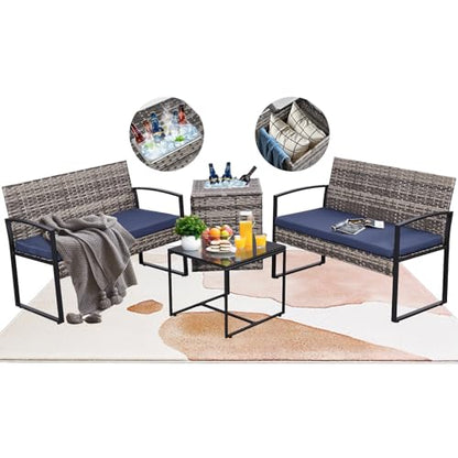 4 Piece Patio Furniture Set w/Built-in Cooler Storage Box, Grey/Blue | All-Weather Hand-Woven Rattan | Tempered Glass Table | Beverage Cooler | Comfy Loveseat | Indoor & Outdoor Use