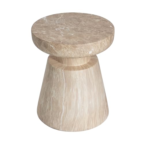 Jayme 15"Lightweight Concrete End Table, Indoor Outdoor Accent Side Table, Travertine Round Tabletop, Easy Move, Decorative Garden Stool for Poolside Balcony Living Room, Gold