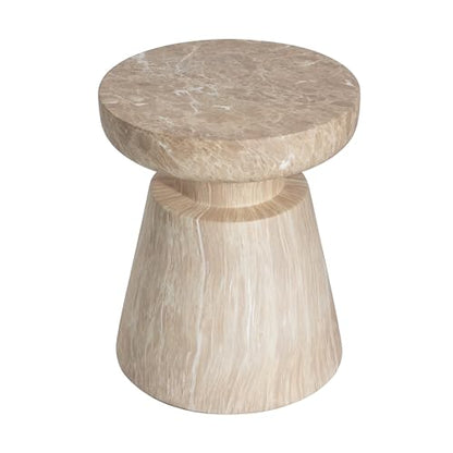 Jayme 15"Lightweight Concrete End Table, Indoor Outdoor Accent Side Table, Travertine Round Tabletop, Easy Move, Decorative Garden Stool for Poolside Balcony Living Room, Gold