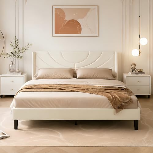 Upholstered Platform Queen Size Bed Frame with Fabric Headboard, view 2