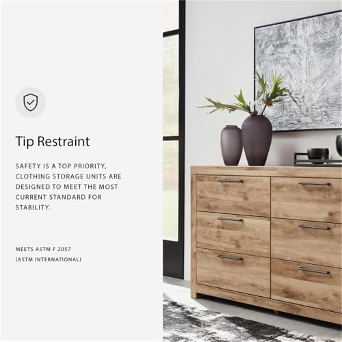 6-Drawer Farmhouse Dresser, Light Brown Rustic Finish, Gunmetal Handles, Engineered Wood Construction, Horizontal Design, 36.42" H x 58.7" W x 15.31" D, Bedroom Storage Furniture