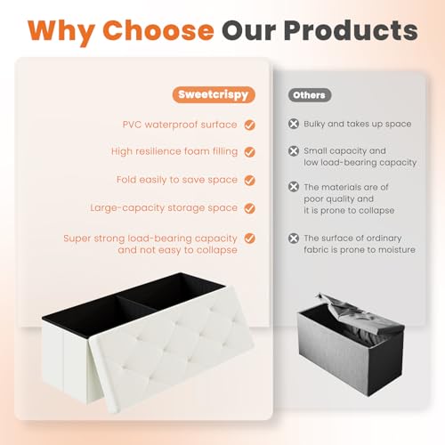 43 Inches Folding Ottoman with Storage Bench, Foot Rest Stool, End of Bed Storage Bench Upholstered, Load 660 lbs, for Living Room, Synthetic Leather, Beige