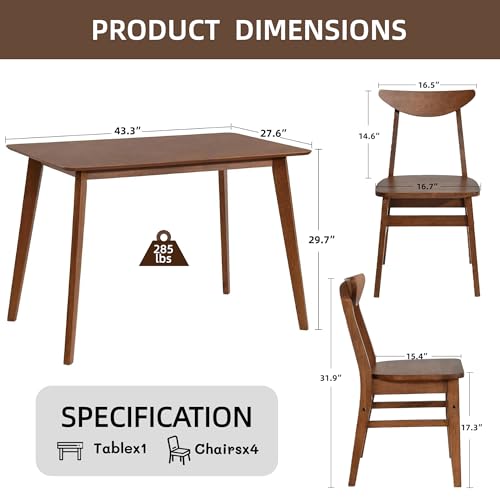 Wood Dining Table Set for 4, 43.3" Solid Wood Kitchen Table & 4 Curved Back Support Chairs, Farmhouse Natural Kitchen Table and Chairs for Small Apartment, Dining Room Kitchen
