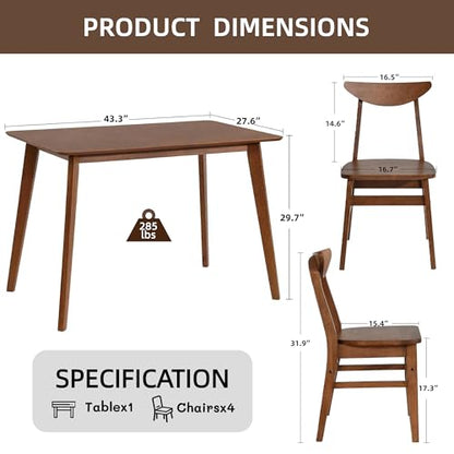 Wood Dining Table Set for 4, 43.3" Solid Wood Kitchen Table & 4 Curved Back Support Chairs, Farmhouse Natural Kitchen Table and Chairs for Small Apartment, Dining Room Kitchen