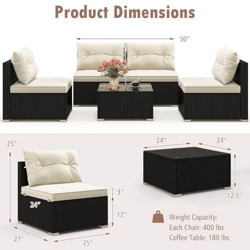 5 Piece Rattan Sofa Set, Patiojoy Outdoor Wicker Furniture Set with Seat & Back Cushions, Square Coffee Table, Patio Sectional Sofa Set for Backyard, Poolside, Garden
