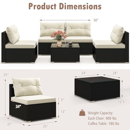 5 Piece Rattan Sofa Set, Patiojoy Outdoor Wicker Furniture Set with Seat & Back Cushions, Square Coffee Table, Patio Sectional Sofa Set for Backyard, Poolside, Garden