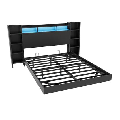 Metal Floating Bed Frame with Storage MDF Headboard and Bookcase for Bedroom, view 6