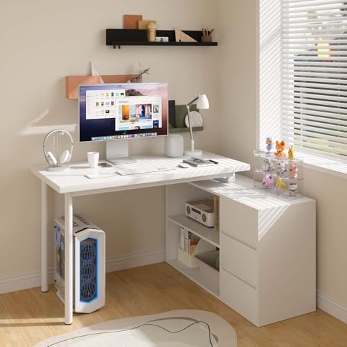 L Shaped Computer Desk, 47 Inch Home Office Desk with File Drawers & Storage Shelves, Small Corner Computer Desk for Small Space (White)