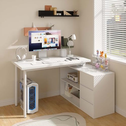 L Shaped Computer Desk, 47 Inch Home Office Desk with File Drawers & Storage Shelves, Small Corner Computer Desk for Small Space (White)