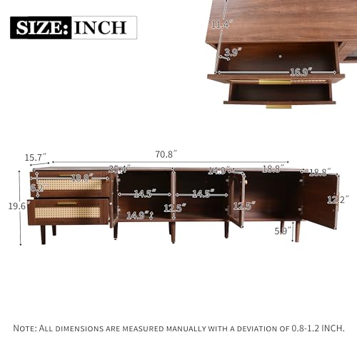 Rattan TV Stand with LED Lights, 70" Entertainment Center with 3 Cabinets & 2 Drawers Media Console Table for TVs Up to 80", Solid Wood Feet, Living Room, Bedroom Furniture