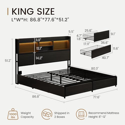 King Storage Bed Frame with 6 Drawers, USB Charging Station, No Noise, view 3
