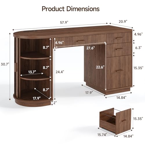 58 Inch Fluted Executive Desk with File Drawer, Walnut, view 3