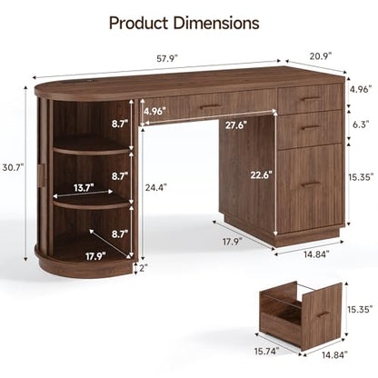 58 Inch Fluted Executive Desk with File Drawer, Walnut, view 3