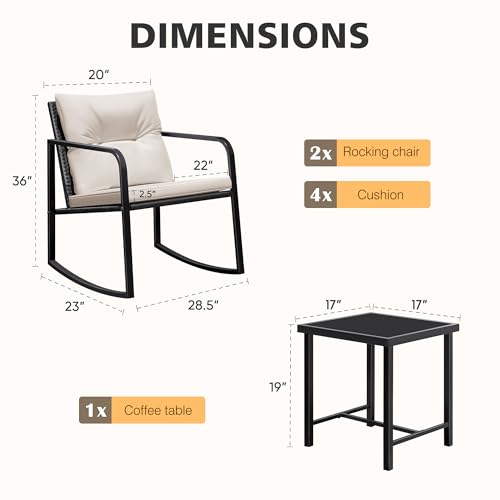 Patio Chairs 3 Piece Wicker Rocking Chair Outdoor Bistro Sets with Coffee Table and Cushions Metal Frame Patio Furniture for Porch, Balcony, Lawn (White)