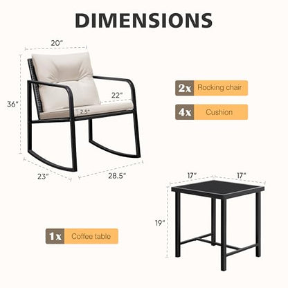 Patio Chairs 3 Piece Wicker Rocking Chair Outdoor Bistro Sets with Coffee Table and Cushions Metal Frame Patio Furniture for Porch, Balcony, Lawn (White)