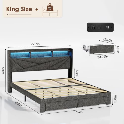 King Size Bed Frame with 2 Storage Drawers, Upholstered Headboard, LED Light, view 3