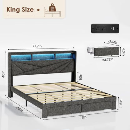 King Size Bed Frame with 2 Storage Drawers, Upholstered Headboard, LED Light, view 3