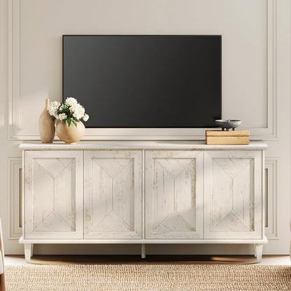 65" Modern Farmhouse TV Stand with Handcrafted Patchwork Doors for 75" TVs, Entertainment Center Console with Cable Management, Adjustable Shelves Storage for Living Room, Pale Oak
