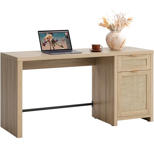 Rattan Home Office Desk with Drawer, 59" Farmhouse Boho Executive Desk with Storage Cabinet, Large Computer Writing Table Vanity Desk for Office, Study, Living Room, Light Oak