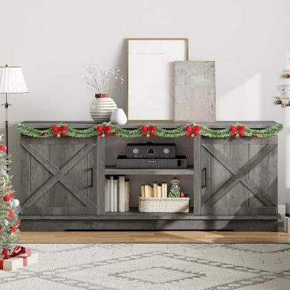 Farmhouse TV Stand for 65 Inch TV, Double Barn Doors, Rustic Grey, view 5