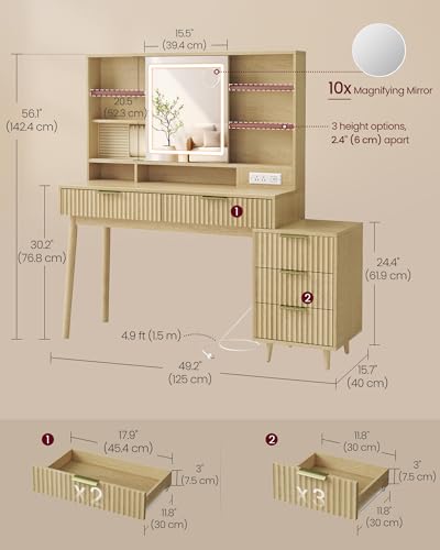 VASAGLE Fluted Vanity Desk with Sliding Mirror and Lights, 5 Drawers, view 3