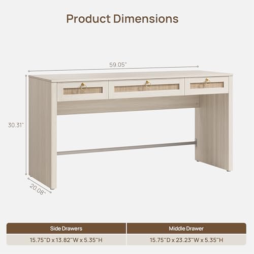 60" Rattan Home Office Desk with 3 Drawers, White, view 3