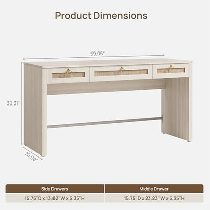 60" Rattan Home Office Desk with 3 Drawers, White, view 3