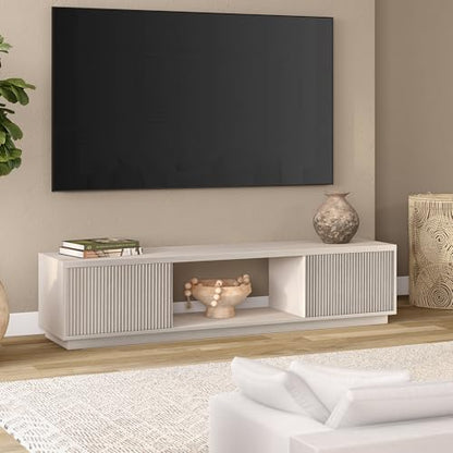 Fluted TV Stand for TVs up to 78" with 2 Ribbed Side Storage Cabinets and Open Center Storage for Living Room, Family Room, or Office, Beech White