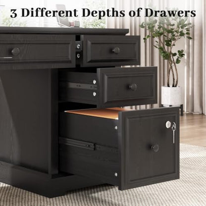 59" Farmhouse Executive Office Desk with Drawers Lock File Cabinet, view 7