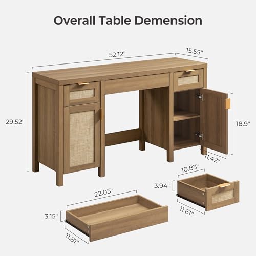 Rattan Vanity Home Office Desk 52" Vanity Table with 3 Drawers, view 3