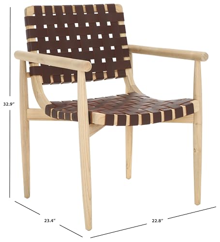 SAFAVIEH Home Collection Dionne Natural Sungkai Solid Wood/Cognac Brown Leather Woven Accent Chair (Fully Assembled)