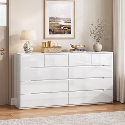 10 Drawer Dresser for Bedroom, 55" Long High Gloss Dresser, White, view 7