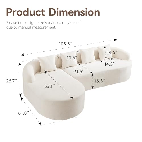 105.5" Boneless Curved Couch, L Shaped 4-Seater Cloud Couch with Deep Seat Chaise, Oversized Curved Sofa, Chenille Modular Sectional Couches for Living Room, No Assembly, Beige