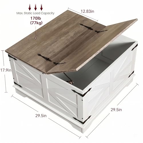 Farmhouse Coffee Table, Heavy-Duty Coffee Table with Storage, Square Wood Center Table Set for Living Room with Pull Up Large Hidden Storage Compartment, Maple White