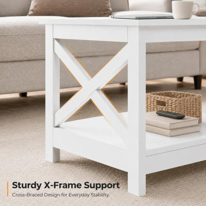 White Coffee Table for Living Room, X-Design Storage Shelf, 39.5", view 5