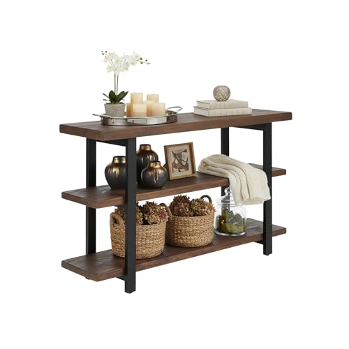 Pomona 3-Tier Solid Wood Media Console Table with 2 Open Shelves and Metal Legs - Rustic Industrial Farmhouse TV Stand and Storage Console (Rustic Brown)