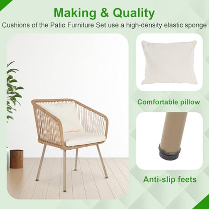3-Piece Outdoor Furniture Modern Patio Bistro Set Rattan Conversation Set Wicker Patio Furniture Set with 2 Chairs Coffee Table Cushions Lumbar Pillows for Patio Outdoor Backyard Porch, White