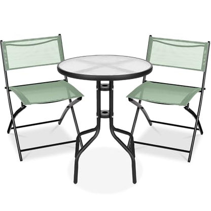 Best Choice Products 3-Piece Patio Bistro Dining Furniture Set w/Textured Glass Tabletop, 2 Steel Folding Chairs, Polyester Fabric - Sage