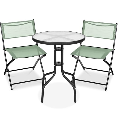 3-Piece Patio Bistro Dining Furniture Set w/Textured Glass Tabletop, 2 Steel Folding Chairs, Polyester Fabric - Sage