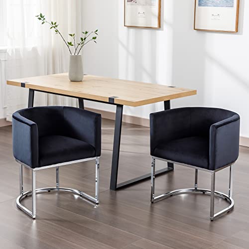 Velvet Dining Chairs Set of 4 Modern Barrel Arm Chairs with Chrome Metal Frame, Upholstered Kitchen Chairs 18.5" Wide Accent Chairs for Living Room Dining Room Restaurant, Black