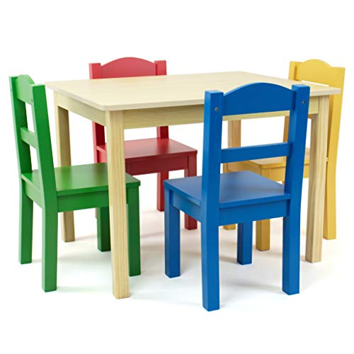Kids Wooden Table and 4 Chairs Set, Natural/Primary - Kids Table and Chair Set for Toddlers and Children for Arts, Crafts, and Snack Time - Sturdy, Durable Toddler Activity Table