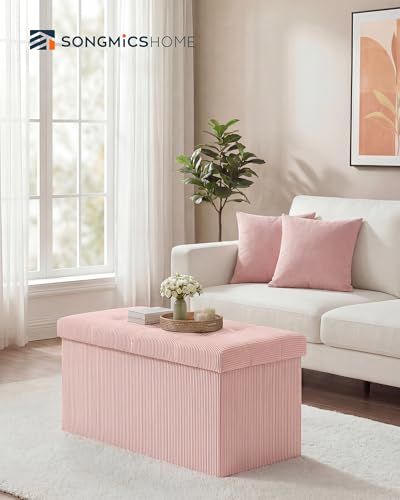 Ottoman with Storage, Removable Lid, Folding Storage Chest, Easy Assembly, for Entryway, Bedroom, Living Room, 15.2 x 30.2 x 15.2 Inches, Corduroy, Light Pink