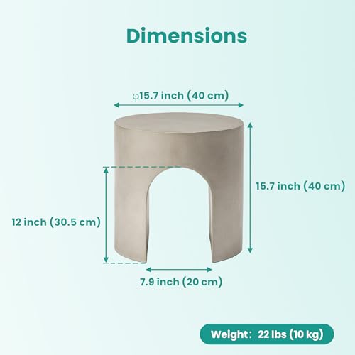 Outdoor Side Table, 16" W Concrete End Table w Arch Shape, Round Cement Accent Table Lightweight for Patio, Modern Decorative Garden Stool for Patio, Backyard, Grey